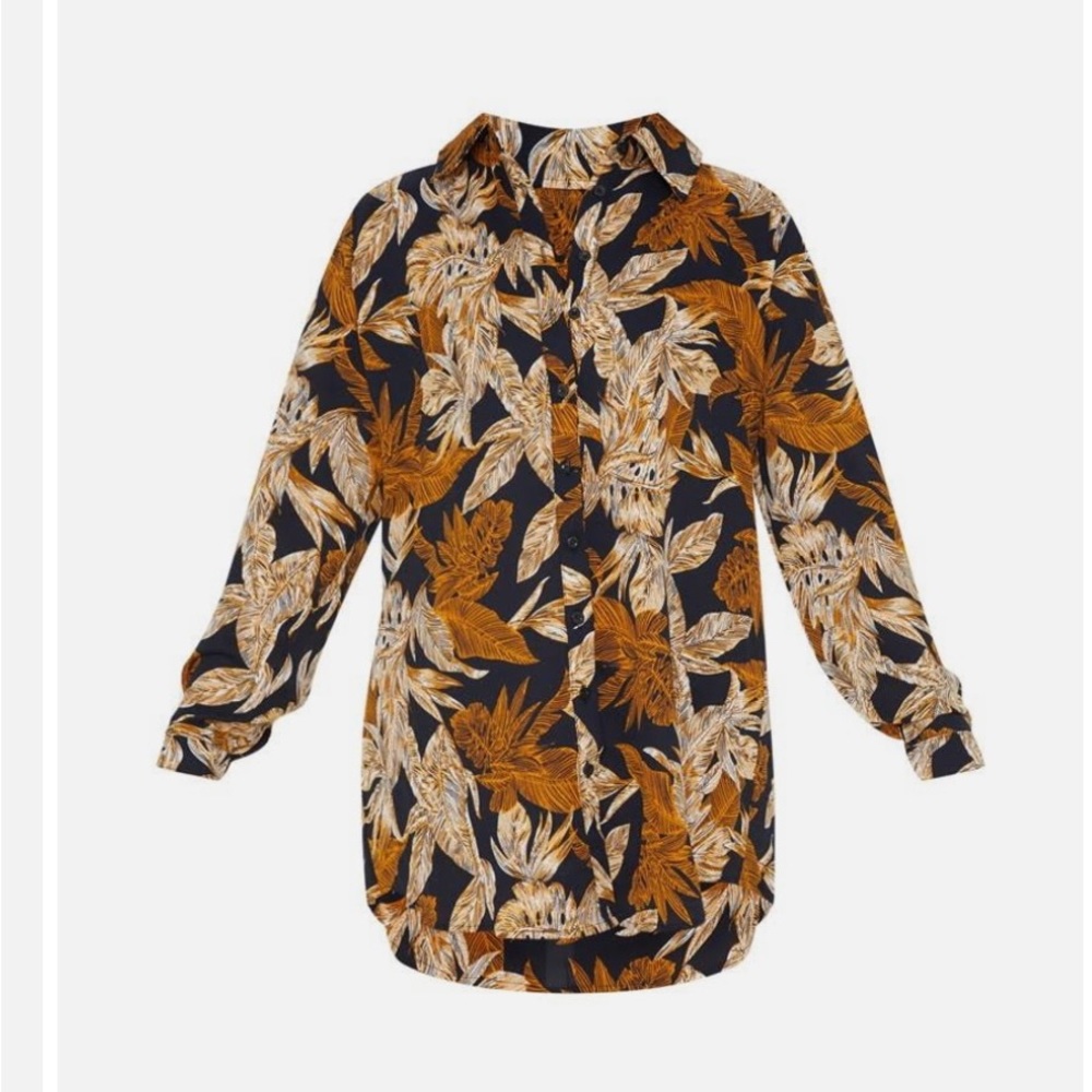 PLT Black Palm Leaf Print Beach Shirt